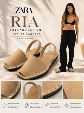 ZARA | Sand Brown | RIA COLLABORATION FLAT LEATHER SANDALS